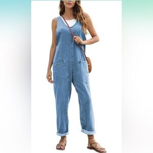 Rolled denim loose fit overalls